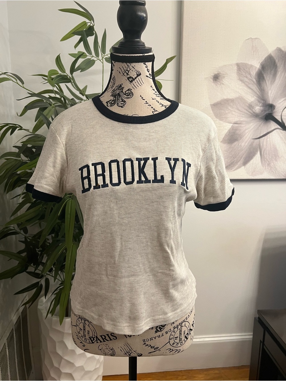 On Fire Wheat Ringer Tee with Navy Trim and 'BROOKLYN' Graphic